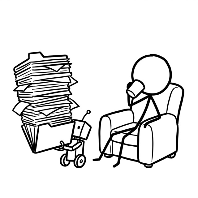 A robot courier delivers a tall stack of vacancies to a person relaxing in an armchair